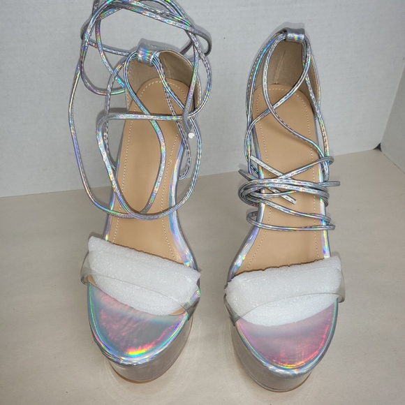 Miss Heel Silver and Clear Iridescent Lace up Platform Stiletto Size 7.5 - Picture 5 of 9